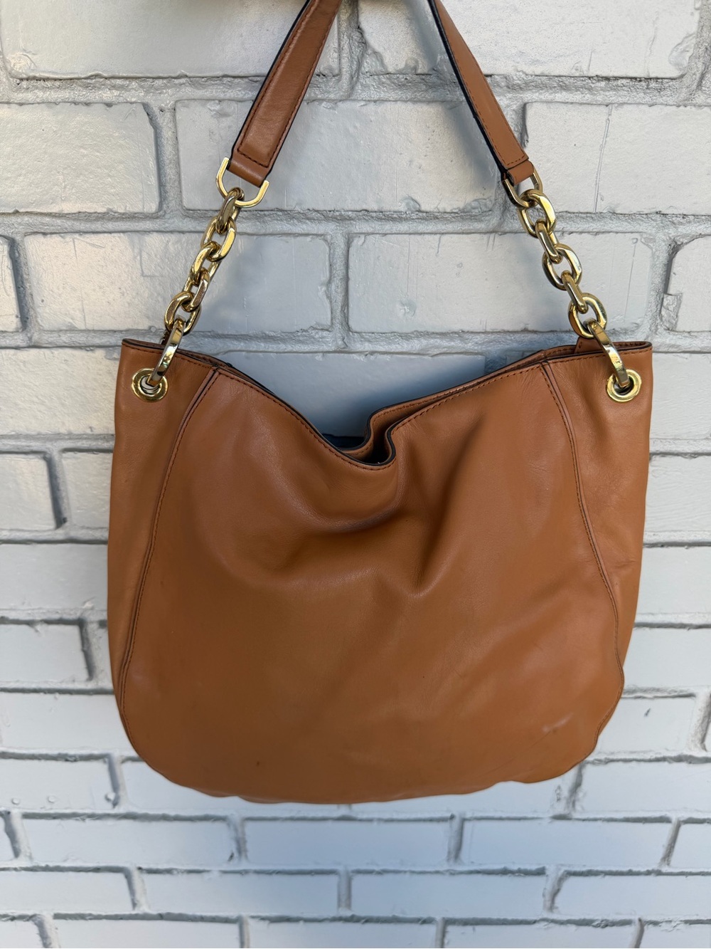 Michael Kors Large Brown Leather Shoulder Tote Bag Gold Chain Genuine12x12